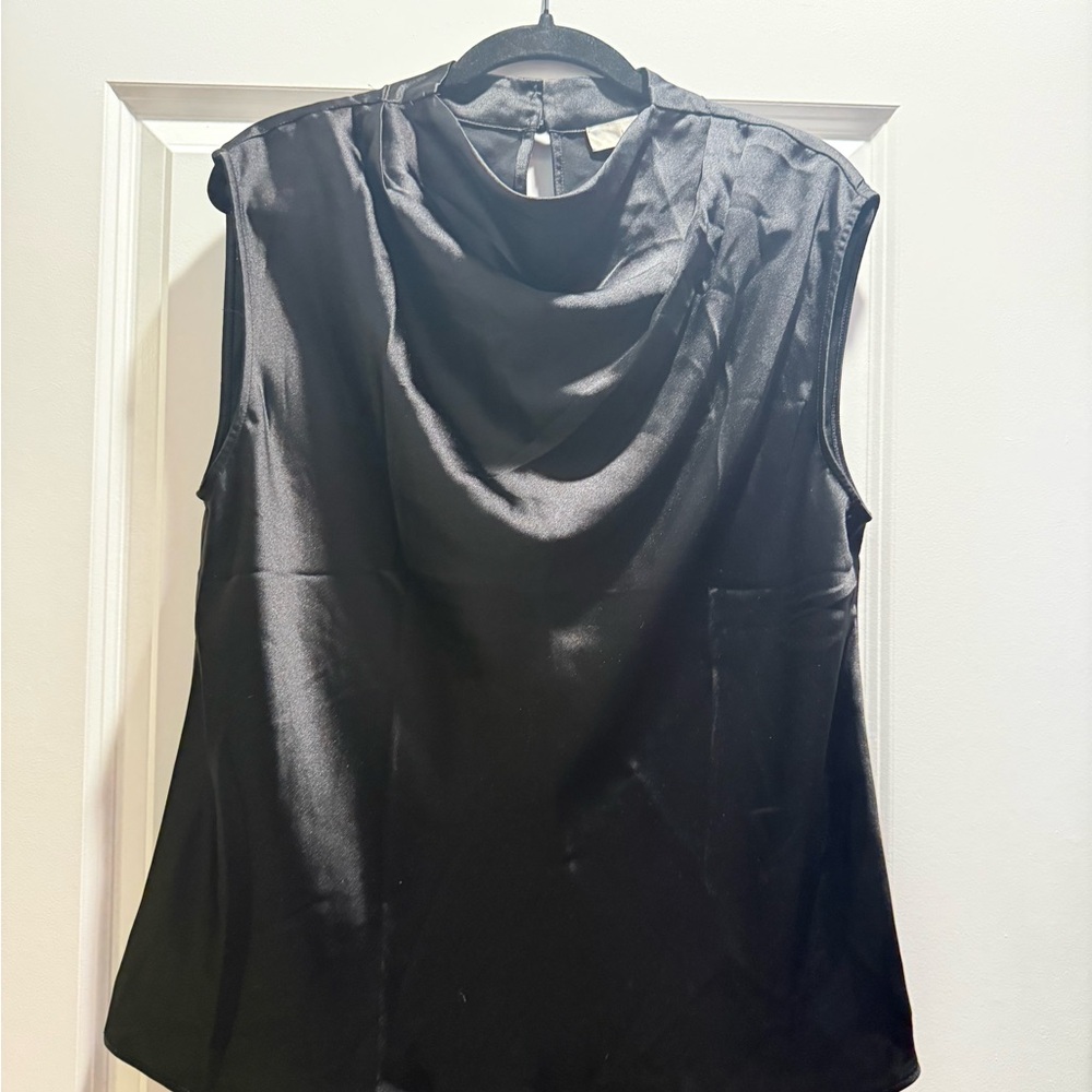 LOFT Black Satin Drape Neck Sleeveless Blouse